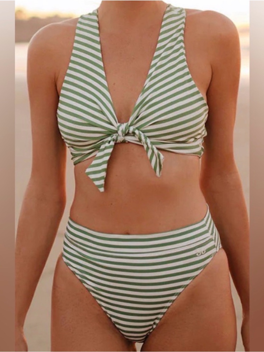 Albion Green and White Striped Tie-Front Bikini Set
